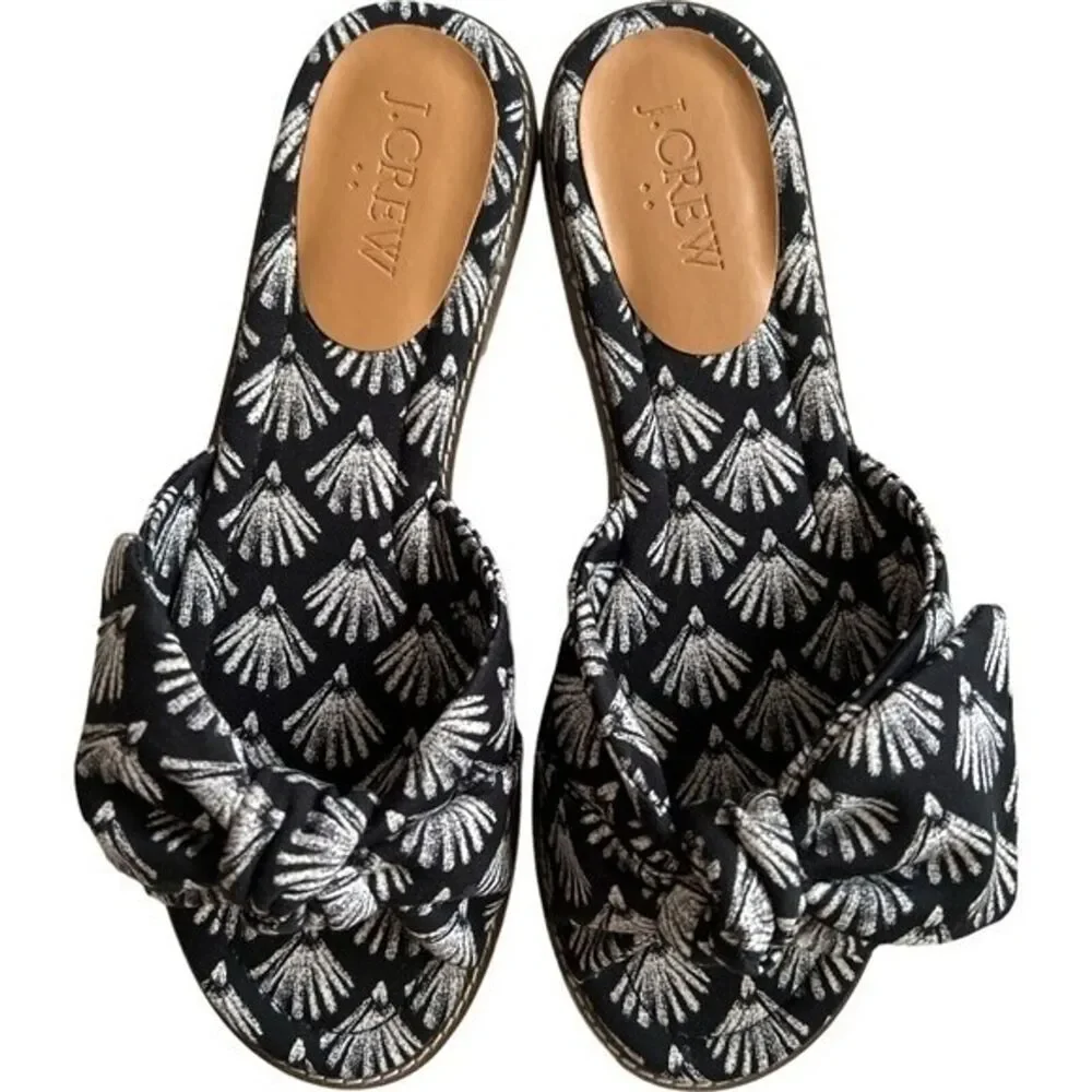 J.Crew Black Ivory Printed Knot Slide Sandals, US9.5